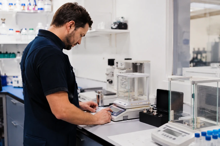 Technicien manipulant une balance de laboratoire